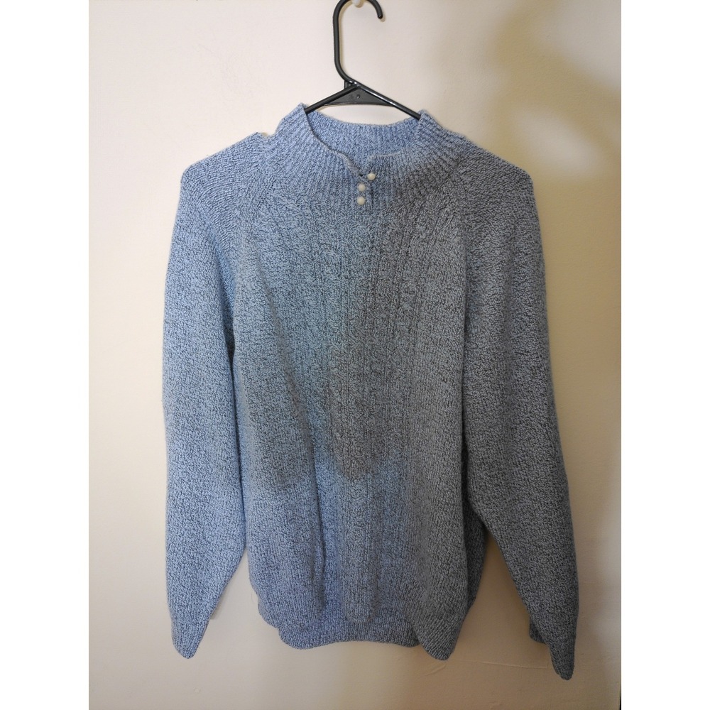 Karen Scott Sweater Womens XL Blue Marled Mock Neck Button Cable Knit Pullover